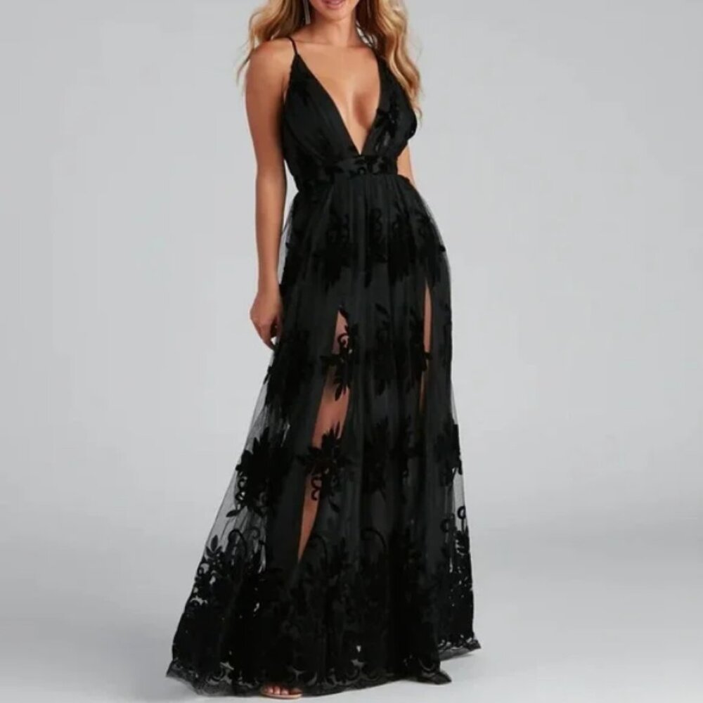 NWT Windsor Morgan Flocked Velvet A-Line Formal Dress, Black - XSmall